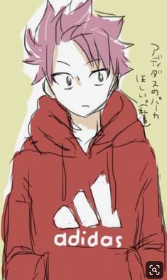 an anime character with pink hair wearing a red hoodie