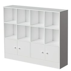 a white bookcase with six drawers and two doors