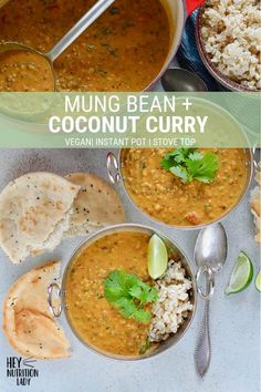 three bowls filled with different types of food and the words mung bean + coconut curry