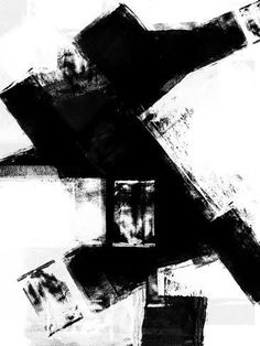 an abstract black and white painting with squares