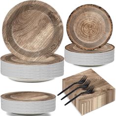 wooden plates and forks are arranged on white coasters with woodgrain designs in the center