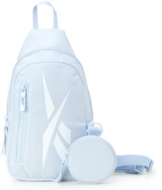 a white backpack with a blue strap around it and a small round purse on the side