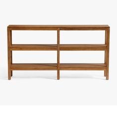 a wooden shelf with two shelves on each side