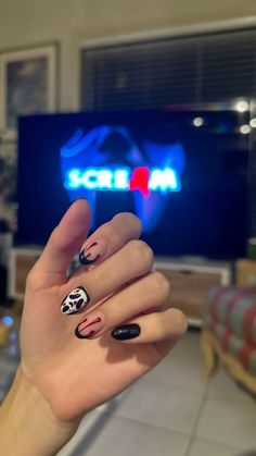 Credit to @breeejayde #fall #halloween #nailinspo #scream Nail Ideas Ghost Face, Scream Inspired Nails Short, Cool Halloween Nail Designs, Holloween Nails 2023, Ghostface Short Nails, Cute Simple Black Nails, Ghost Face Halloween Nails