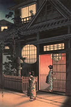 two geisha women standing in front of a doorway at night with the sun coming through