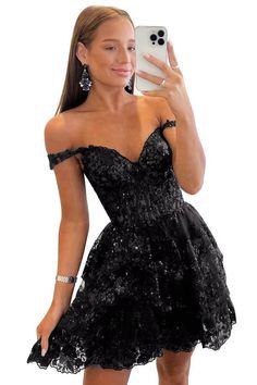 Sparkling Dress Short, Cute Lace Dress, Cute Winter Formal Dresses Short, Short Black Hoco Dress, Hoco Dresses Off The Shoulder, Black Glitter Dress Short, 8th Grade Prom Dresses Short, Classy Prom Dresses Short, Senior Hoco Dresses