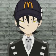 an anime character wearing a baseball cap with a skull on it's chest and yellow eyes