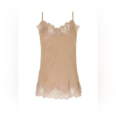 An Essential In Anyone's Wardrobe, This Silk Cami Is Crafted With Exquisite Elongated Lace. 100% Silk Cold Hand Wash / Dry Clean Elegant Silk Tops With Delicate Lace, Chic Silk Top With Delicate Lace, Silk Tops With Lace Trim For Daywear, Elegant Cream Camisole For Daywear, Elegant Beige Cami Top, Elegant Fitted Beige Camisole, Chic Beige Top With Delicate Lace, Beige Silk Tops For Daywear, Chic Beige Camisole For Daywear