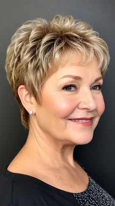 Layered Honey Blonde Pixie with Feathered Texture, Pixie Haircuts for Older Women with Fringe, Pixie Haircuts for Women over 60, Pixie Haircuts for Older Women with Fine Hair, Pixie Haircuts for Ladies over 60, Pixie Haircuts with Fringe Back View Of Short Haircuts, Pixie Haircut For Older Women Over 60, Short Hair Perm Women, Pixie Cut Older Women, 80s Pixie Cut, Soft Pixie Haircut Fine Hair, Edgy Short Hair For Women Over 50, Short Hairstyles For Women Over 60