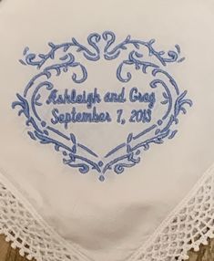 "Something blue, wedding handkerchief, bridal gift, bride hanky, personalized wedding hanky, gift for bride, bouquet. These crochet lace handkerchiefs are embroidered with a beautiful font for the couples' names/date and personalized with your choice of thread color. If you don't see the color listed you want, just add it in the note to seller or contact me prior to ordering. A truly elegant gift for a bridal shower, Mothers Day Gift, wedding, baptism or even for a housewarming. All of these han Elegant Personalized Handkerchiefs For Bridal Shower, Personalized Handkerchiefs For Bridal Shower, Personalized Elegant Handkerchiefs For Bridal Shower, Elegant Customizable Handkerchiefs For Bridal Shower, Elegant White Handkerchiefs For Personalized Gift, Elegant Machine Embroidered Handkerchiefs For Gifts, Elegant Embroidered Handkerchiefs For Bridal Shower, Elegant Customizable Handkerchiefs For Bridesmaid Gift, Classic Handkerchiefs With Lace Trim As Gift