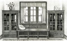 a black and white drawing of a room with bookshelves, cupboards, and window