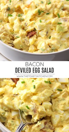 bacon deviled egg salad in a white bowl with a serving spoon on the side