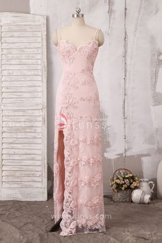 A subtly embellished bodice features an scalloped V neckline, beaded crosshatch embroidery, and delicate lace that cascade into a slit skirt. The pink color and sophisticated low back with spaghetti straps make this long evening dress an vintage style. Light Pink Dress Prom, Crosshatch Embroidery, Prom 23, Pink Evening Gowns, Boho Bridal Dress, Dream Prom Dress, Gown Ideas, Baby Pink Dresses, Pink Long Dress