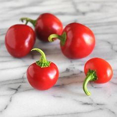 four red tomatoes sitting on top of a marble counter