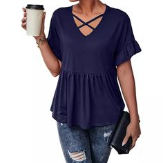 New Hot Selling V-Neck Ruffle Short Sleeve Loose Casual Top T-Shirt Fall V-neck Top With Ruffle Hem, Casual Ruffle Hem Top For Brunch, Casual Short Sleeve Top With Ruffle Hem, Solid Color Tops With Ruffle Hem And Ruffle Sleeves, Fall Short Sleeve Top With Ruffle Hem, Fall Ruffled Short Sleeve Tops, Casual Solid Blouse With Ruffle Hem, Casual V-neck Blouse With Ruffle Hem, Plain Blouse