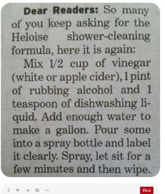 an old newspaper article with the text dear readers so many of you keep asking for the shower - cleaning formula, here it is again