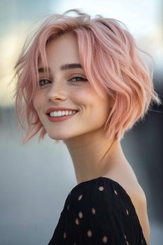 Cute Short Feminine Hairstyles, Slightly Pink Hair, Pink On Grey Hair, Shirt Pink Hair, Pink And Blonde Short Hair, Fashion Color Short Hair, Pink Bob Haircut, Bubblegum Pink Hair Short, Short Haircuts Women Round Face