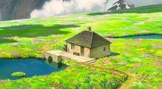 a painting of a house in the middle of a green field with flowers and water