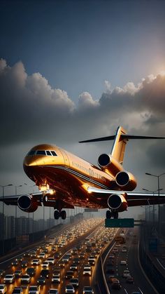 a large jetliner flying over a highway filled with lots of traffic under a cloudy sky