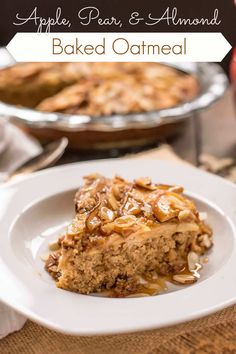 apple pear and almond baked oatmeal on a white plate