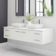 a bathroom with two sinks and mirrors on the wall next to a plant in a vase