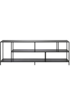 a black shelf with two shelves on each side