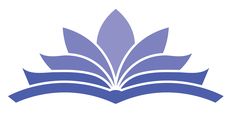 an open book with leaves on it and blue ribbon around the edge, reading logo