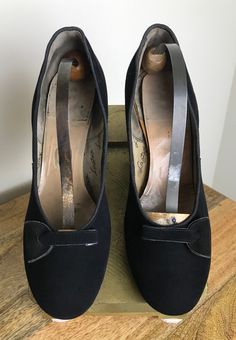 "Beautiful 40's Black suede chunky low heels by Vitality shoes. They have a decorative accent on the front. They are in excellent vintage condition. The suede is soft and they are ready to wear. A tiny faint mark or two on the suede which is appropriate wear for its age. Please use the zoom feature to see condition up close. Otherwise no issues. These were made to last! I can see a very faint \"6\" inside but absolutely go by the measurements given to ensure fit. These are a great wear with anyt Pink Party Dresses, James Brown, Slingback Heel, Pink Parties, Women's Pumps, Low Heels, Womens Heels, Black Suede, Vintage Men