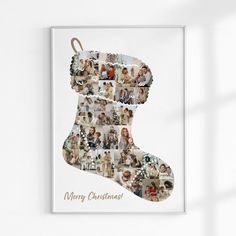 a christmas stocking is hanging on the wall with many pictures in it and words below