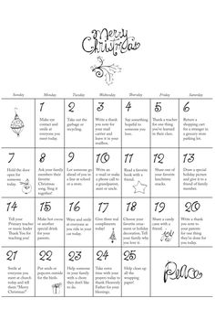 a printable christmas calendar with numbers and symbols