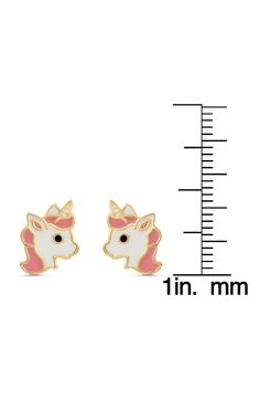 Add a whimsical touch to your little one's look with this pair of sweet unicorn earrings plated in 18-karat gold. Adult supervision strongly recommended; jewelry presents choking hazard and should be removed when infant or small child is unattended 1/4" square Surgical steel post back 18k-gold plate/enamel Imported Kids' Wear Item ships in a gift box Cute White Huggie Jewelry, Cute Adjustable Huggie Earrings, Playful Adjustable Gold Earrings, Playful Gold Hypoallergenic Earrings, Playful Gold Earrings, Playful Hypoallergenic Gold Earrings, Cute Hypoallergenic Yellow Gold Jewelry, Playful Gold Earrings For Gift, Playful Gold Earrings As A Gift