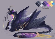 an artistic drawing of a dragon with purple and yellow colors on it's wings