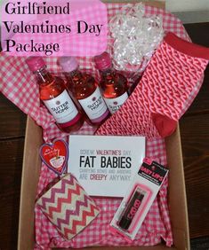 valentine's day gift box filled with wine and candy