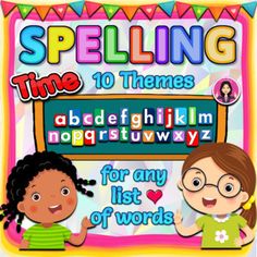 a children's book with the words spelling time and two kids in front of it