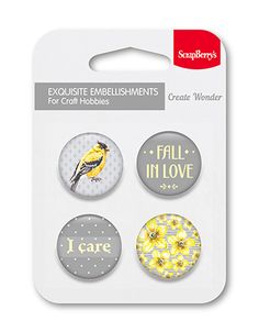 three badges with yellow flowers and birds on them