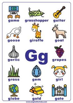 the letter g worksheet is filled with pictures and words to help students learn how to