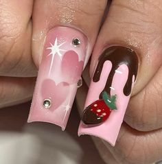 Chocolate Covered Strawberry Nails, Charmed Nails, Strawberry Nails Designs, Quirky Nails, Cake Nails, Vday Nails, Mobile Nails, Bears Nails, Nail Design Inspiration