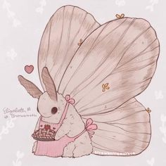 a drawing of a bunny with a basket in its lap and wings on it's back