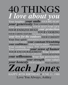 a poster with the words, 40 things i love about you in black and white