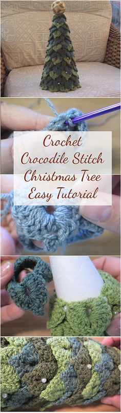 crochet christmas tree ornament is shown with instructions to make it easy