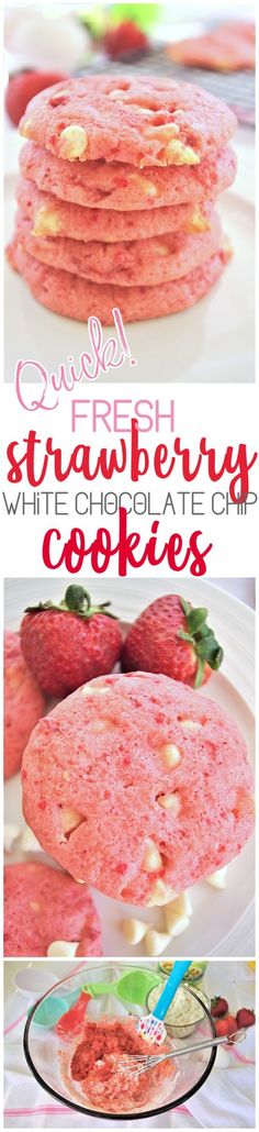 strawberry white chocolate cookies are stacked on top of each other