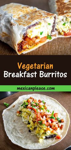 mexican breakfast burritos on a cutting board with text overlay that reads vegetarian breakfast burritos