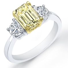 2.37 Ct. Canary Fancy Yellow Emerald Cut Diamond Engagement Ring Canary Yellow Engagement Rings, Yellow Wedding Ring, Canary Yellow Diamond Engagement Ring, Canary Diamond Engagement Ring, Yellow Diamond Engagement Ring, Canary Diamond, Favorite Engagement Rings, Moon Cut, Half Moons