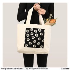 White Floral Design, Floral Photography, Floral Monogram, Black And White Floral, Large Tote Bag, White Shop