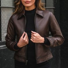 Women's Edition Point Collar Jacket in Old English Leather - Thursday Classic Leather Jacket With Zipper For Fall, Classic Leather Jacket With Zipper For Work, Brown Leather Jacket With Zipper For Work, Fitted Leather Jacket With Double-needle Stitching For Fall, Fall Leather Jacket For Work With Double-needle Stitching, Thursday Boot Company, Cotton Lycra Fabric, Collar Leather Jacket, Dark Academia Fashion