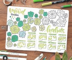 an open planner with green and white flowers on it, surrounded by pens and markers