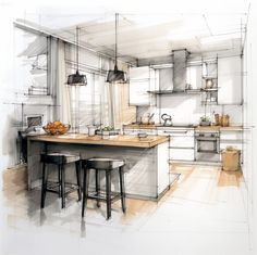 a drawing of a kitchen with stools and an island