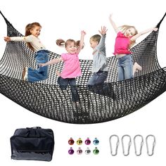 three children are playing in a hammock with their hands up to the side