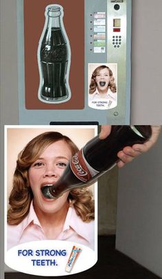 an advertisement for a soda machine with a woman's face on the front and bottom