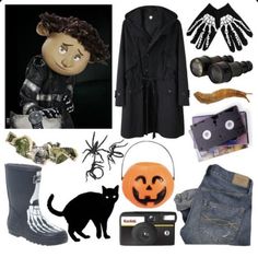 a collage of halloween items including an orange pumpkin, black cat and boots